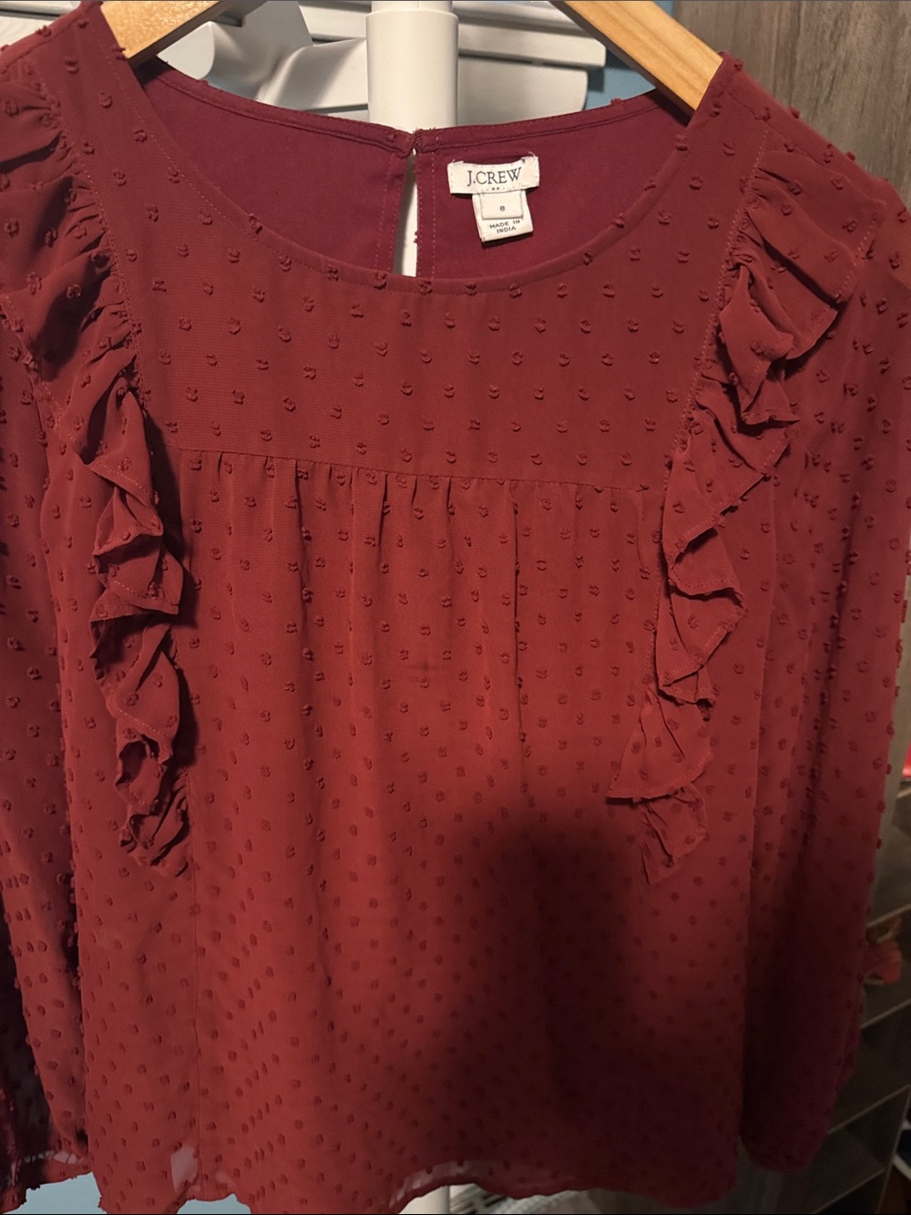 J. Crew Burgundy Swiss Dot Ruffle Top